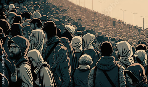 Valokuva A Sea of Migrants: a Crowded Journey. Generative Ai