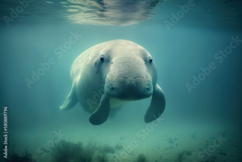 Near the ocean's surface, a calm dugong. cute marine creature unusual sea mammal (Dugong dugon). Generative AI © AkuAku