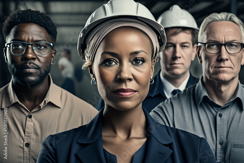 A group portrait of a diverse factory workforce, people of all races and genders working together proudly in their workplace, businessmen and businesswomen, positive attitude and success photo