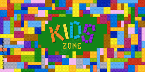 Kids zone background with brick blocks. Vector banner with plastic colorful constructor parts and building toy elements, Children playground, game area and playroom announcement signboard