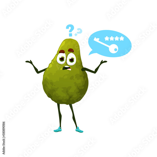 Forgot password cartoon avocado character. Isolated vector funny pensive fruit personage with upset face trying to remember key and password signs to enter email, site or online account in internet