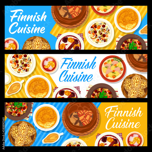Finnish cuisine restaurant food banners. Rice pudding with fruit soup, beet salad with herring and rutabaga casserole Lanttulaatikko, soup Lohikeitto, pie Kalakukko and salad Rosolli, Karelian pies