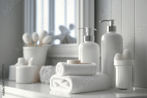 Bath products organized with simple modern minimalistic white background bathroom interior, with bottles of shampoo, conditioner and tissue boxes photo