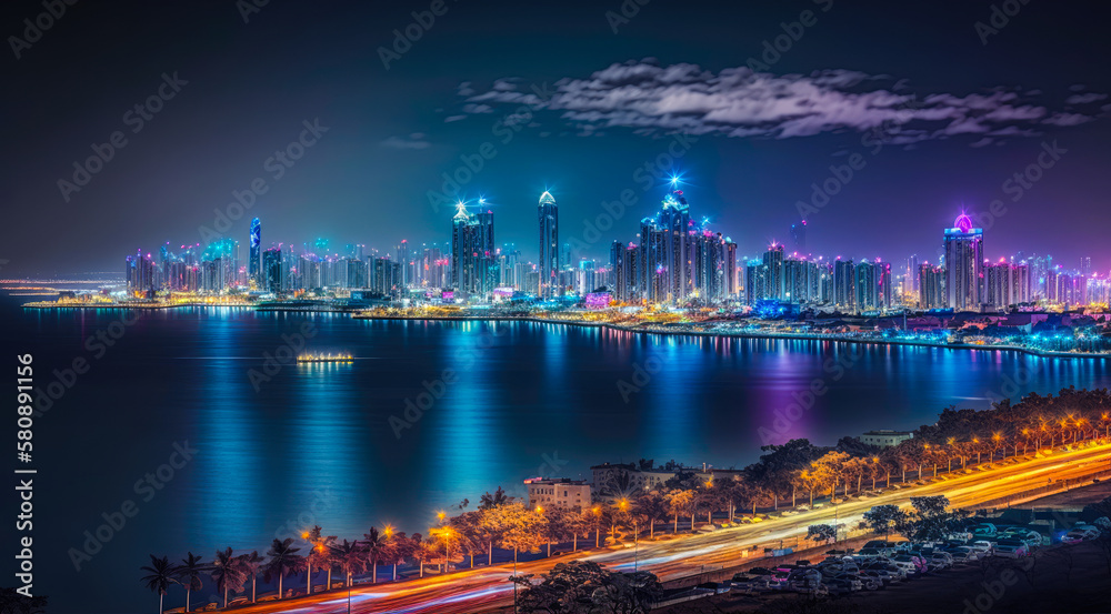 A panoramic view of Qingdao skyline at night, with the city's bright lights creating a mesmerizing and colorful spectacle - Generative AI