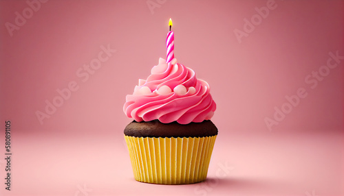Birthday cupcake with one candle on pink background. Generative AI.