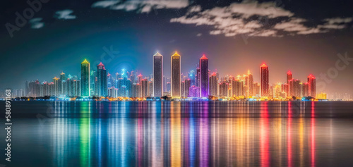A panoramic view of Qingdao skyline at night, with the city's bright lights creating a mesmerizing and colorful spectacle - Generative AI photo