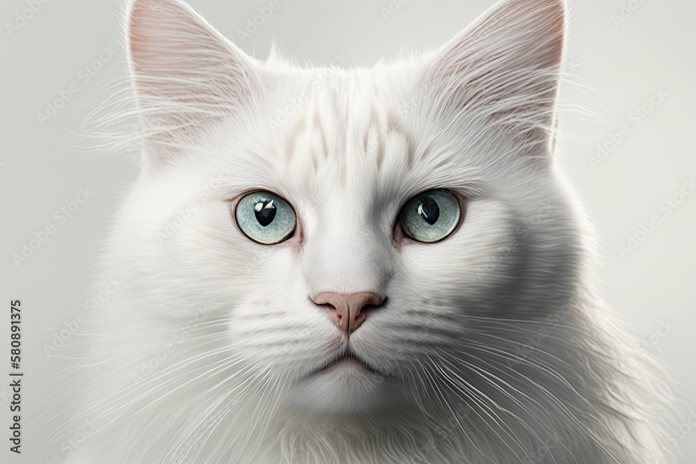 Frontal close up of a white cat against a white background. Generative AI