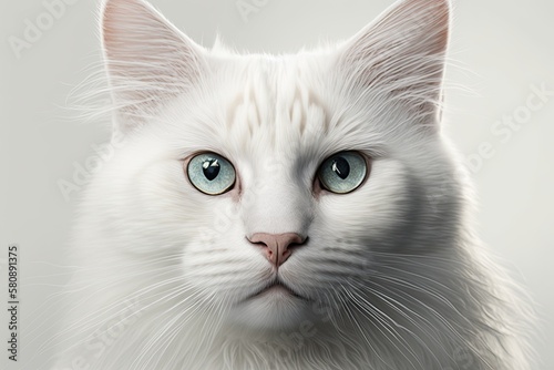 Frontal close up of a white cat against a white background. Generative AI