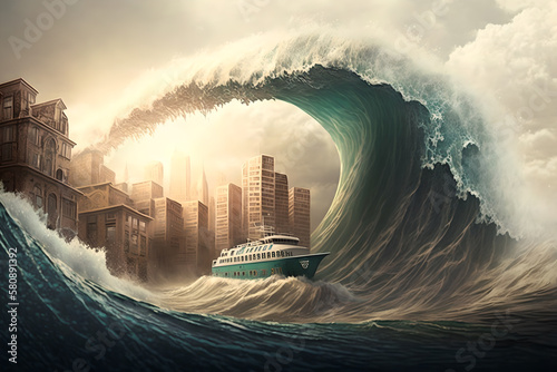 A huge ship with survivors trying to escape in very rough seas with huge waves threatening to take it down, in front of a mega city, nature goes wild due to global warming
