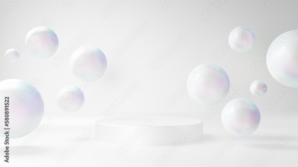 白背景に真珠のような綺麗な複数の球体がある空間。背景素材。白い円柱の台座。（横長）