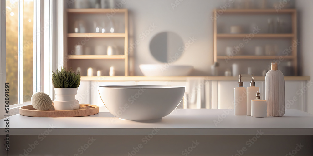 Empty stone table top for product display with blurred bathroom interior background. Minimalist bathroom with bathtub and modern interior in background. generative AI Empty stone table top for product display with blurred bathroom interior background. Minimalist bathroom with bathtub and modern interior in background. generative AI