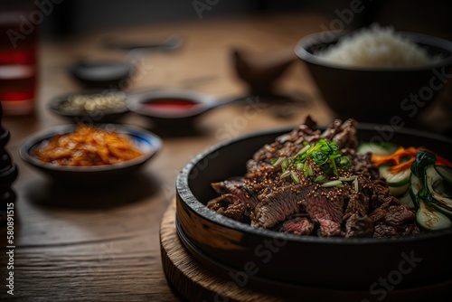 Korean BBQ beef bulgogi close up on a wooden table with other items in the background blurred. Generative AI