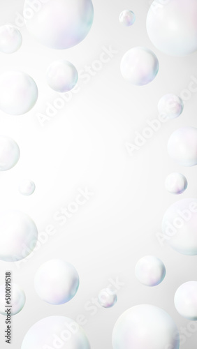 白背景に真珠のような綺麗な複数の球体。背景素材。コピースペース。（縦長）