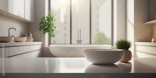 Empty stone table top for product display with blurred bathroom interior background. Minimalist bathroom with bathtub and modern interior in background. generative AI