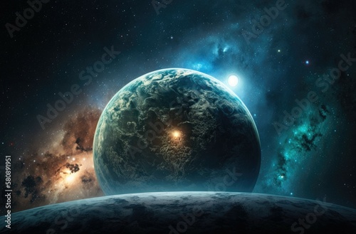 Planet Earth in the Starry Sky of Solar System in Space. This image elements furnished by NASA. Generative AI