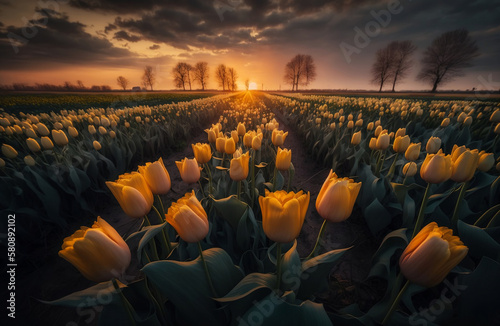 Yellow tulip field at sunset © Forrest