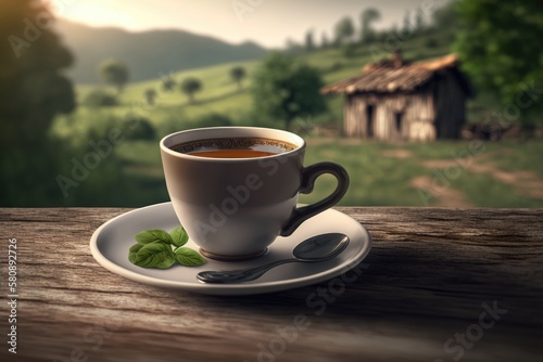 espresso coffee on a wooden table with a green landscape background. Generative AI