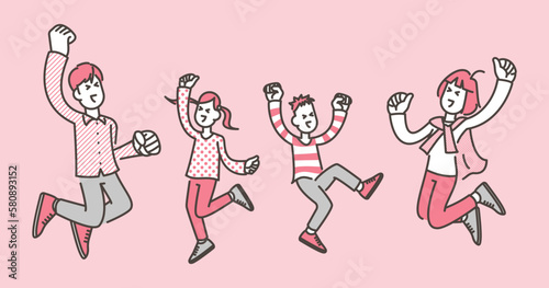 Parents and children jumping with smiles on their faces [Vector illustration].