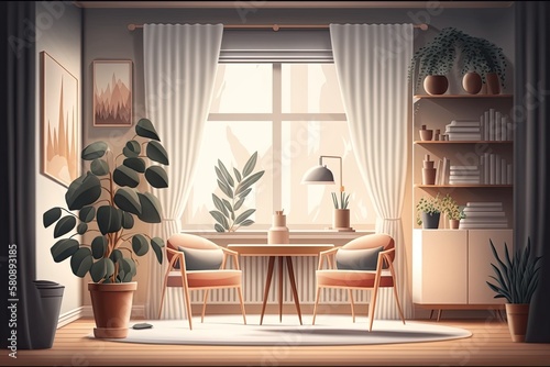 Modern interior design concept, illustration of an empty wooden table, desk, or shelf with a blurred perspective of a Scandinavian living room with rattan armchairs, drapes, potted plants, and other f © AkuAku