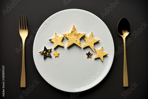 Food and service rating and review concept, five gold star on white plate with fork and spoon on black stone background. Generative AI