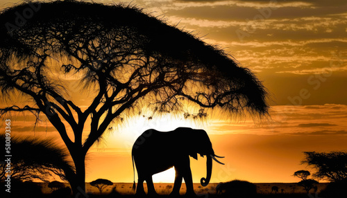 A majestic elephant silhouetted against the setting sun on the African savannah, golden hour - Generative AI © Florian