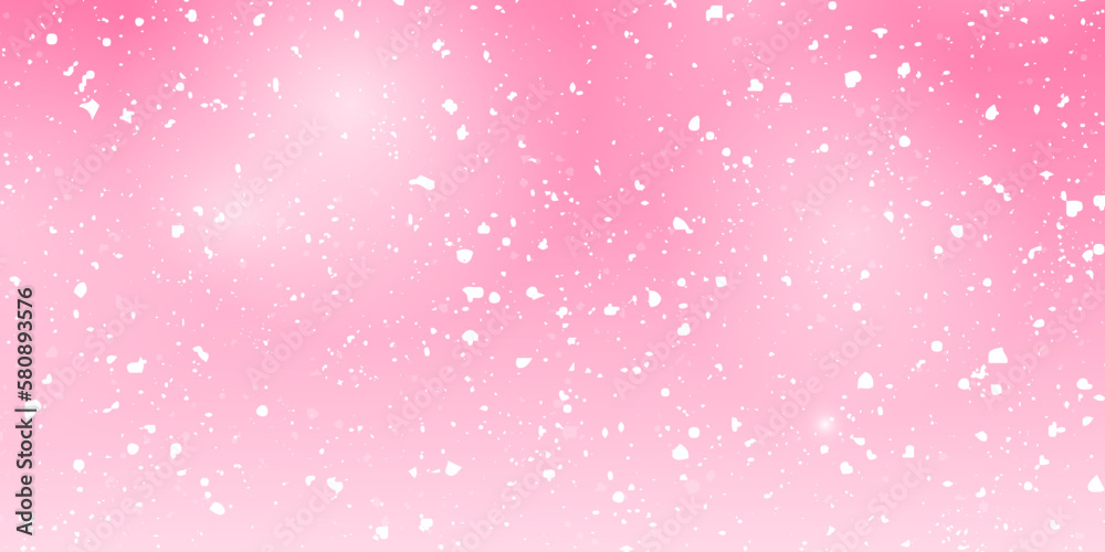 Snow fall on pink winter outdoor view pink background with rosy sheen. Airy half transparent texture.