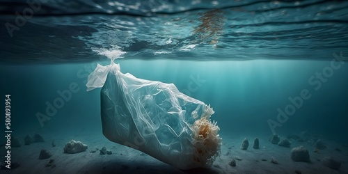 Underwater pollution:- A discarded plastic carrier bag drifting in a tropical, blue water ocean, Generative AI