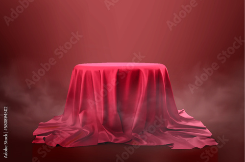 Realistic 3d round red podium display covered fabric drapery folds isolated on dark background. Vector illustration