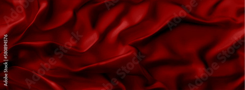 Red silk draped fabric background with . Luxurious folded textile decoration element for poster, banner or cover design. Realistic 3d vector illustration