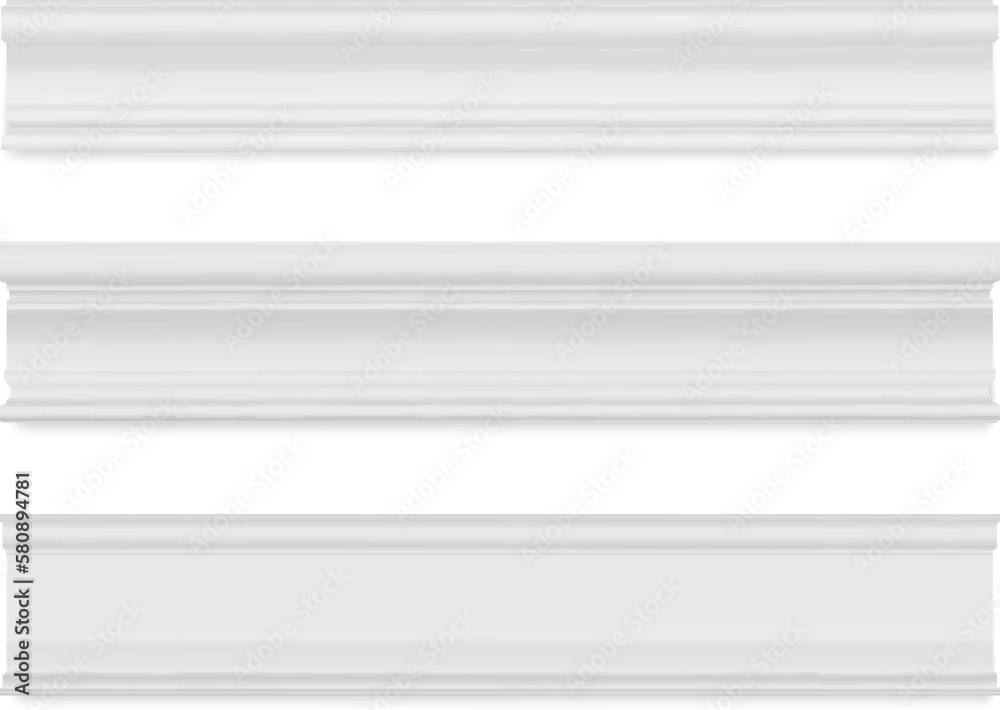 Fototapeta premium Set of white skirting baseboard molding. Plaster interior decor. Vector illustration.