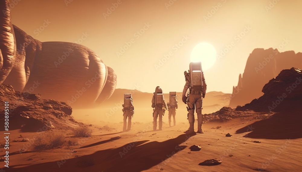 team astronaut exploring mars digital art illustration, Generative AI