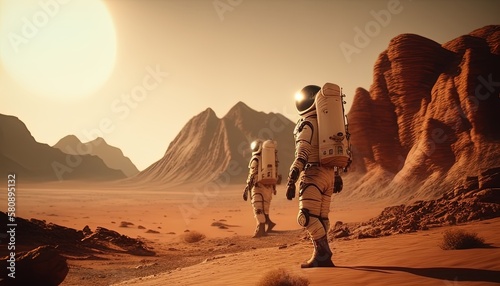 team astronaut exploring mars digital art illustration  Generative AI