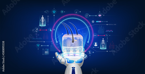 Futuristic medical cybernetic robotics technology. Human hair and skin virtual hologram float away from robot hand. Innovation artificial intelligence robots assist care health. 3D Vector.
