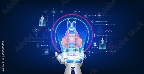 Futuristic medical cybernetic robotics technology. Human thyroid gland virtual hologram float away from robot hand . Innovation artificial intelligence robots assist care health. 3D Vector.
