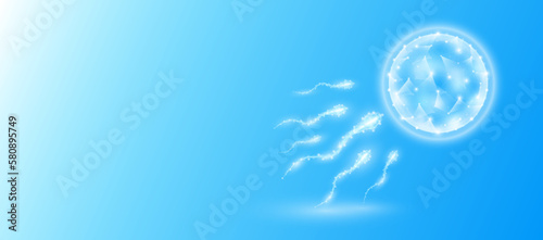 Human sperm and egg cells low polygonal connecting on blue background. Futuristic glowing hologram translucent white and copy space for text. Fertilization concept. Modern design vector. photo