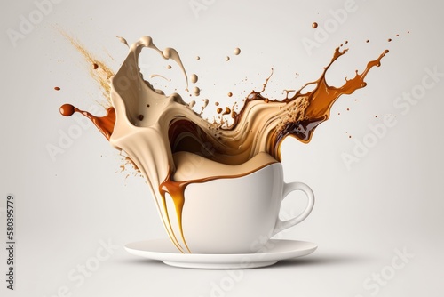 White cup with a coffee splash in it. within a white background. Detailed view. Generative AI