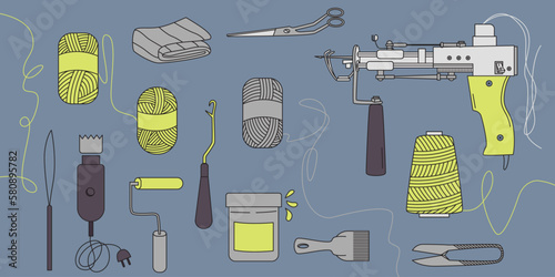 Tufting starter kit. Set of carpet making tools including rug scissors, tufting machine, cotton and wool yarns, trimmer. Banner illustration in vector flat style. Colorful background concept.