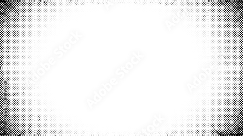 Halftone radial texture in comic style. Faded grain textured frame. Grunge sand speckles affect. Dotted particles print wallpaper. Pixelated gradient vector background 