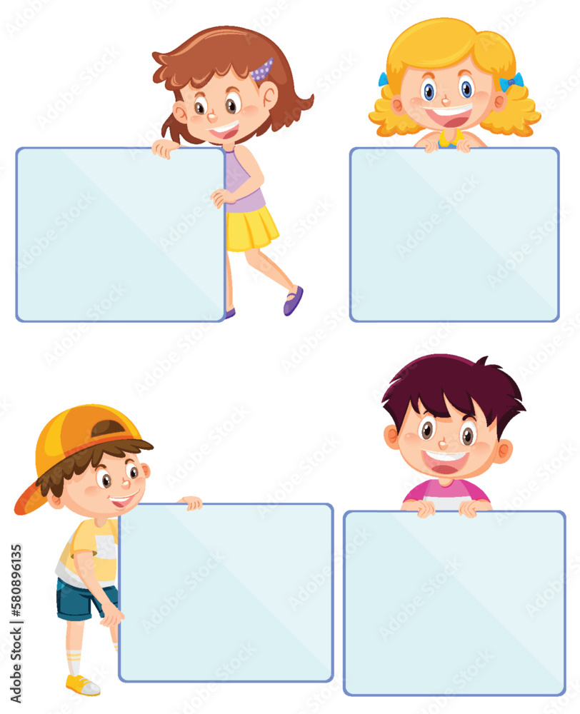 Set of kid cartoon character with empty board Set of kid cartoon character with empty board