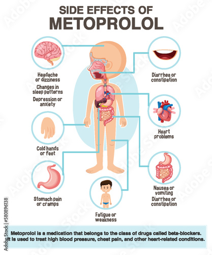 Human anatomy diagram cartoon style of metoprolol side effects