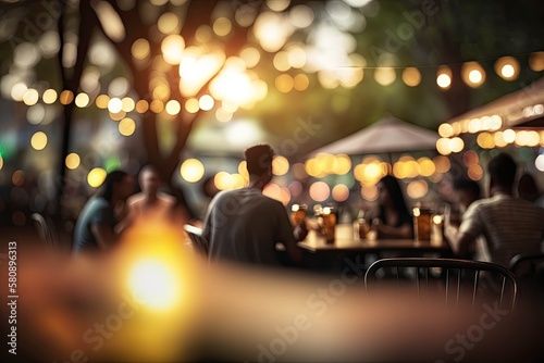 Bokeh background of Street Bar beer restaurant, outdoor in asia, People sit chill out and hang out dinner and listen to music together in Avenue, Happy life ,work hard play hard Fototapet