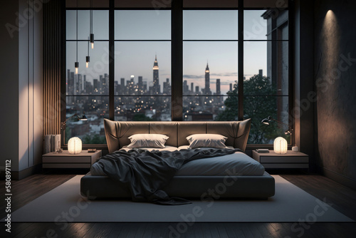 A stylish and modern bedroom with a view of a cityscape and a pillow top bed. Luxury penthouse bedroom at night. Generative AI