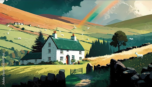 A traditional Irish cottage surrounded by green hills and rainbow. digital art illustration. generative AI.