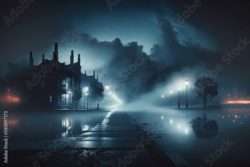 Background scene of empty street. Night view of the river, the night sky with clouds, the reflection of light on the water. Smoke fog. Generative AI