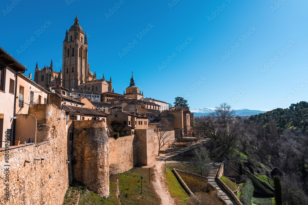 Medieval wall and cathedral of Segovia Spain