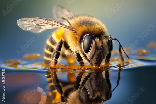 Super close up of honey bee drinking a water - AI