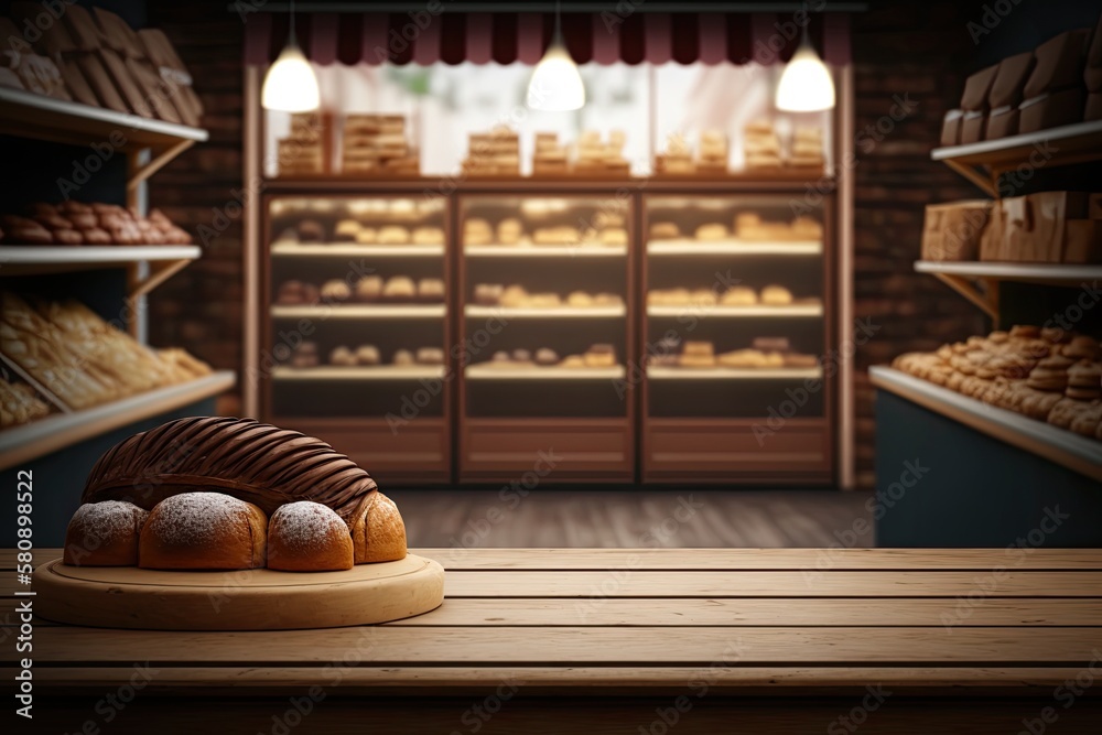 Bakery store background with wooden countertop in foreground. Generative AI