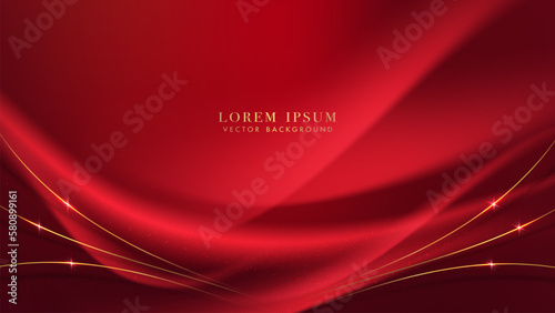 Red luxury background with golden curve line, light wave, shiny dots, and glitter light effect decoration. Elegant style vector design
