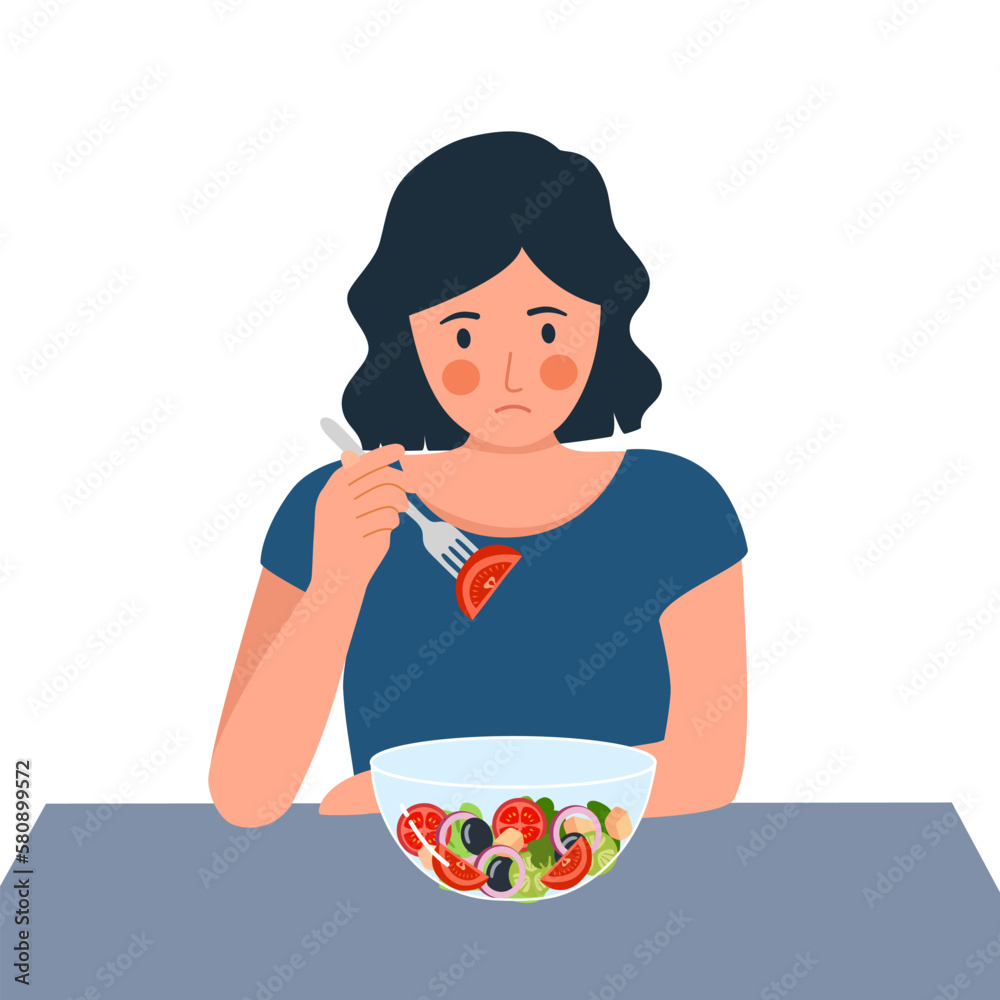 Woman feel not hungry concept vector illustration on white background. Female unable to eat. No