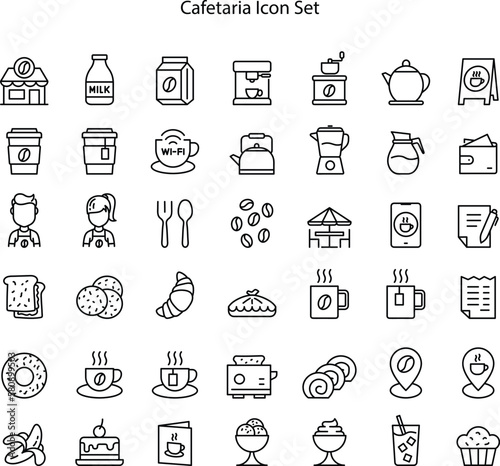 Coffee and tea cup line icons. Hot drink. Food cafe. Outline icon set. Machine for caffeine beverage in mug. Bean or leaf. Cafeteria logo. vector pictograms set